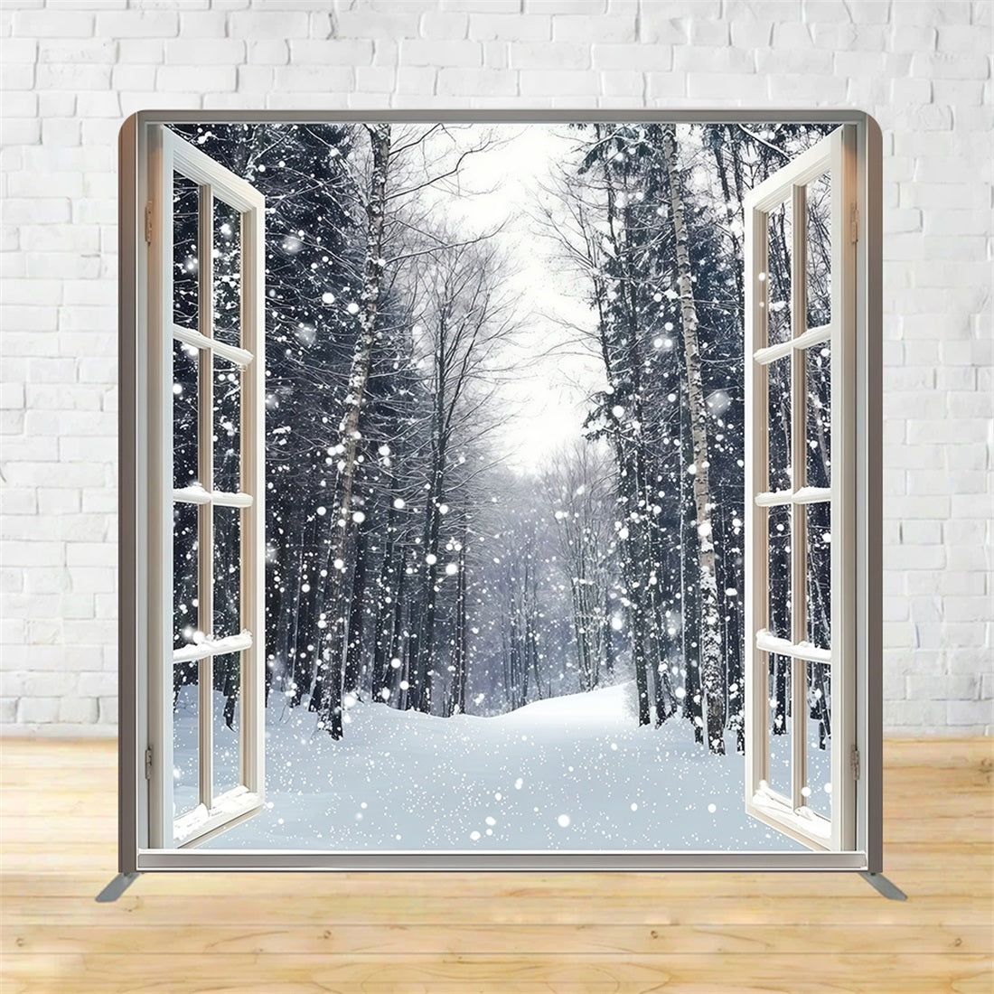 Square Backdrop Cover Snowy Forest Window Winter Backdrop MRR11-69