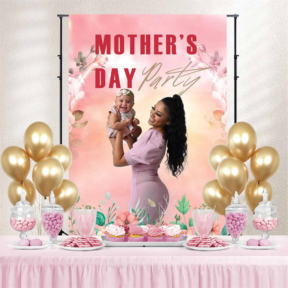 Backdrops For Mother's Day Pink Floral Party Customized Backdrop MRR3-118