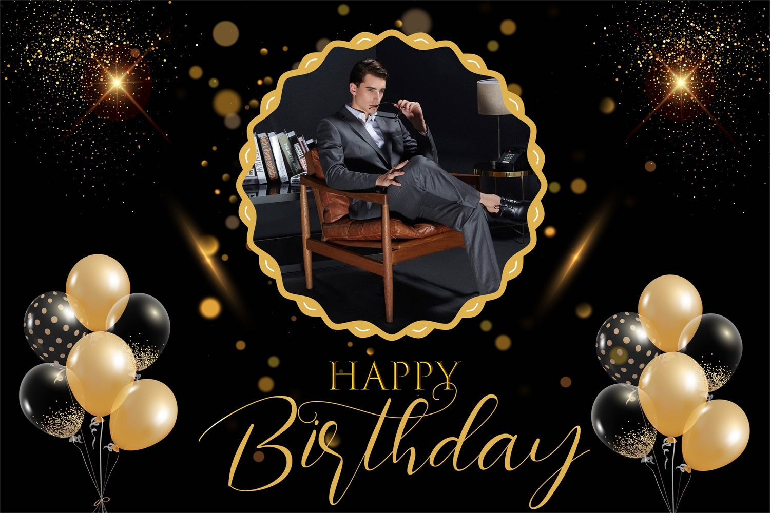 Custom Happy Birthday Backdrop Black Gold Luxury Backdrop MRR3-16