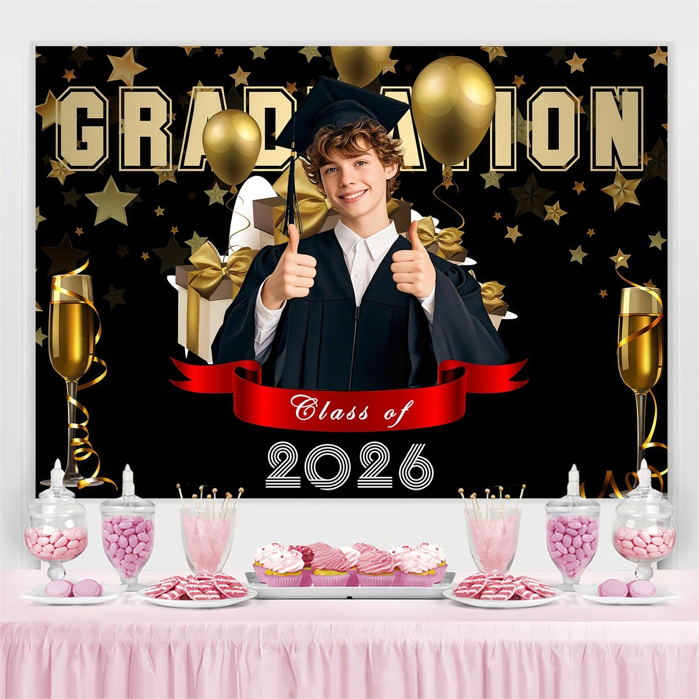 Graduation Photo Backdrop Champagne Stars Balloon Personalized Party Graduation Backdrop MRR3-172