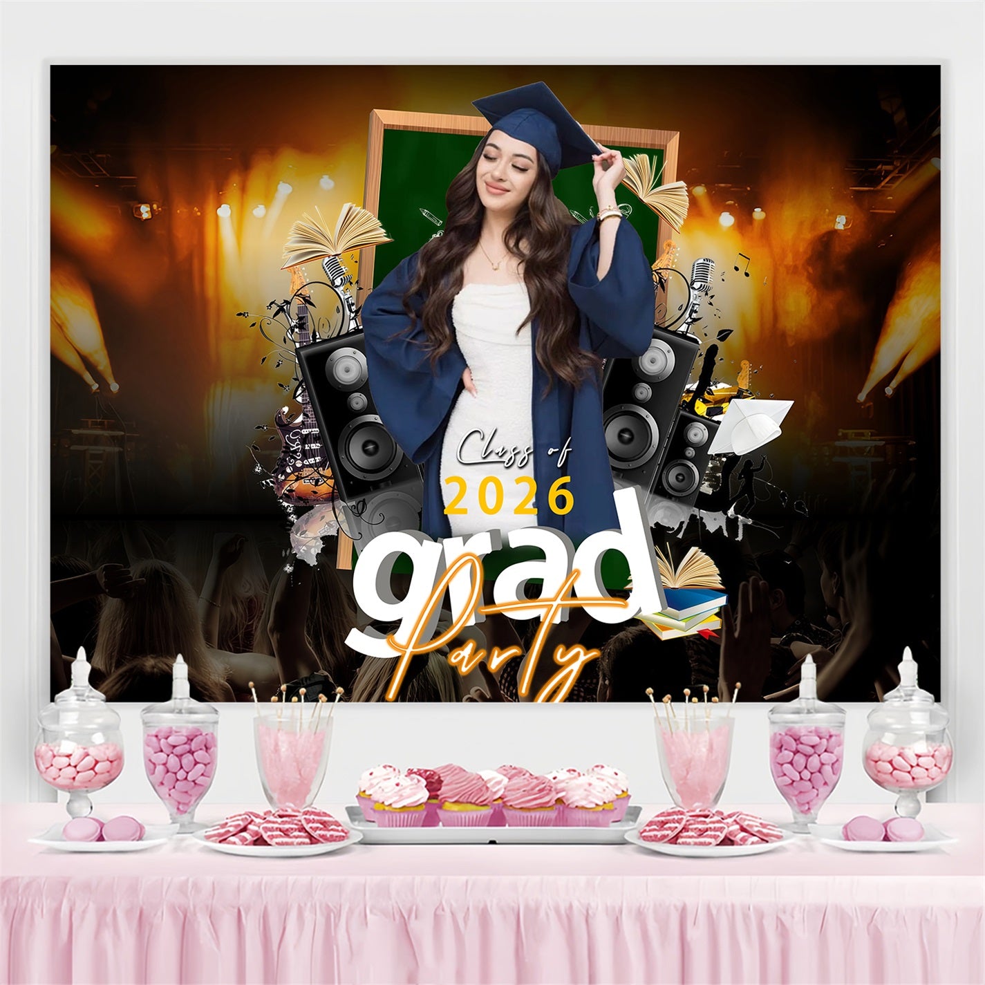 Graduation Picture Backdrop Books Music Stage Custom Party Graduation Backdrop MRR3-175