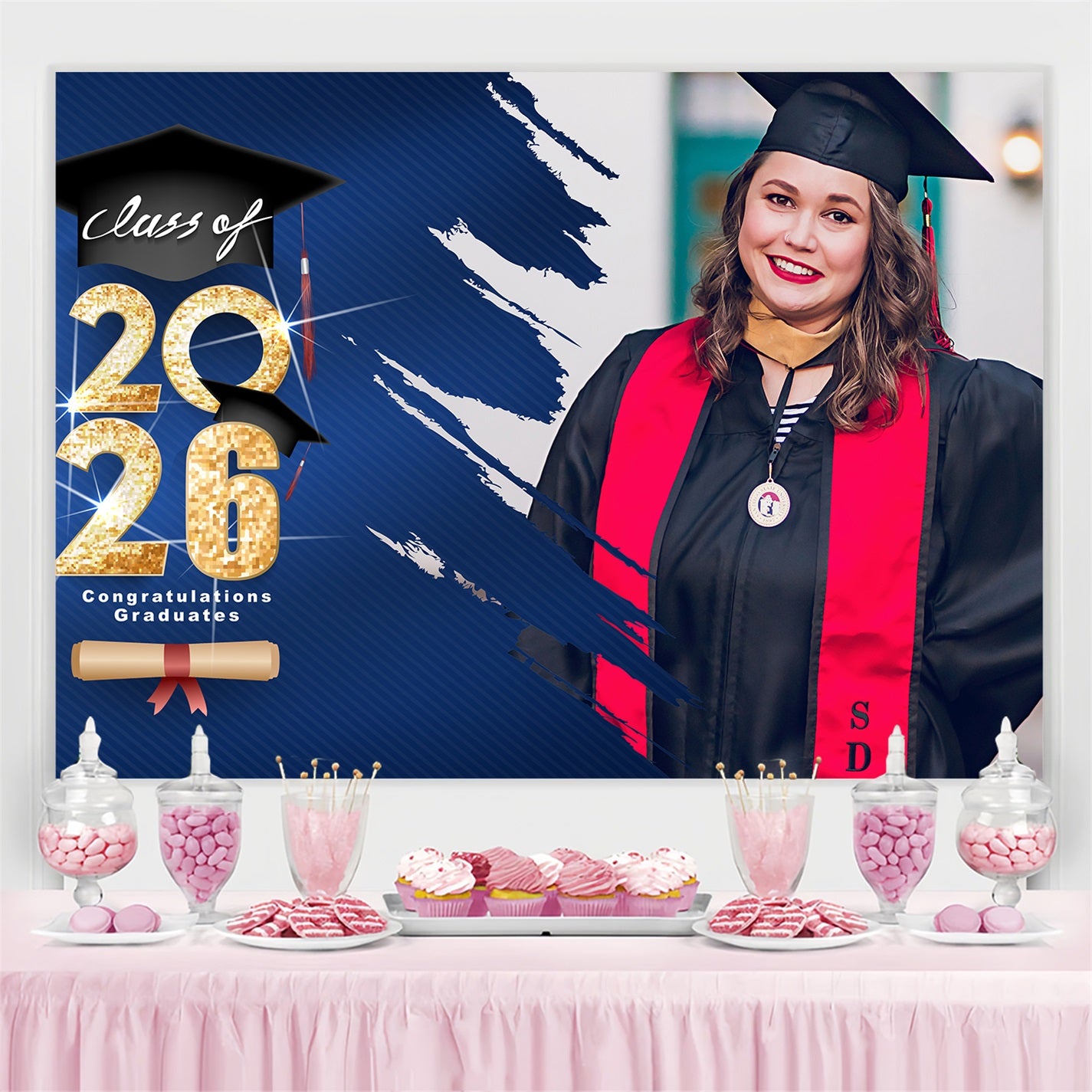 Graduation Backdrop Blue Sparkle Blue Theme Custom Party Graduation Backdrop MRR3-187