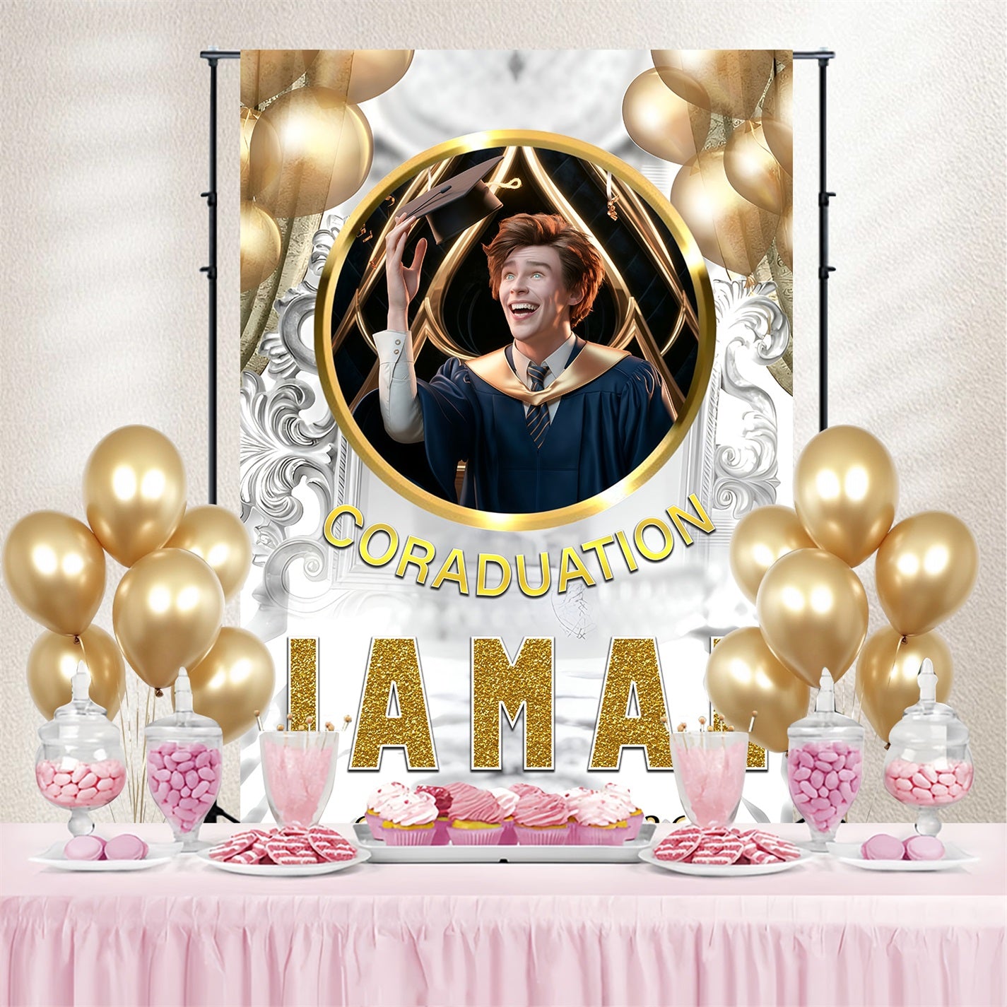 Graduated Backdrop White Gold Balloon Customized Party Graduation Backdrop MRR3-194