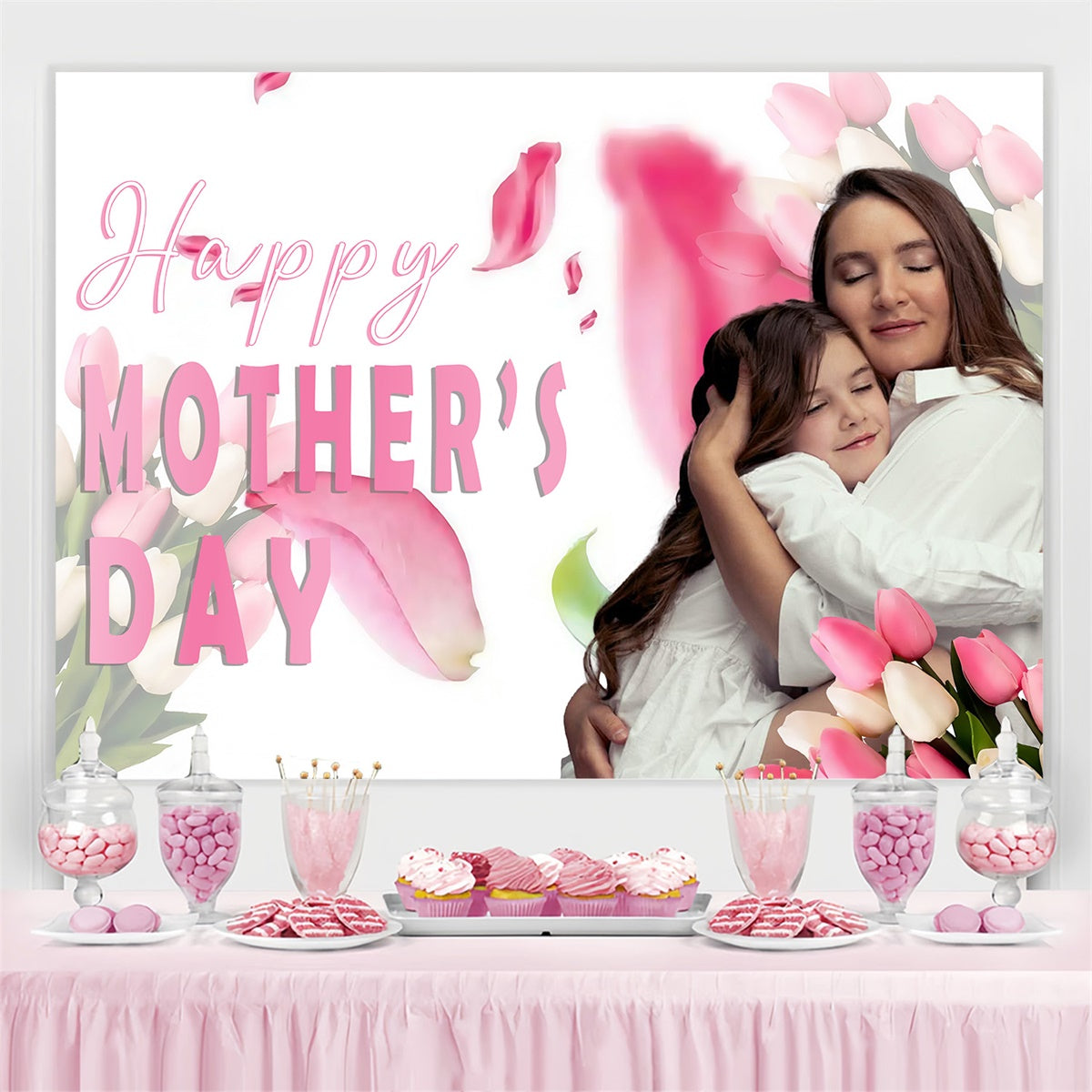 Mothers Day Photo Backdrop Pink Tulip Embrace Custom Backdrop MRR3-85