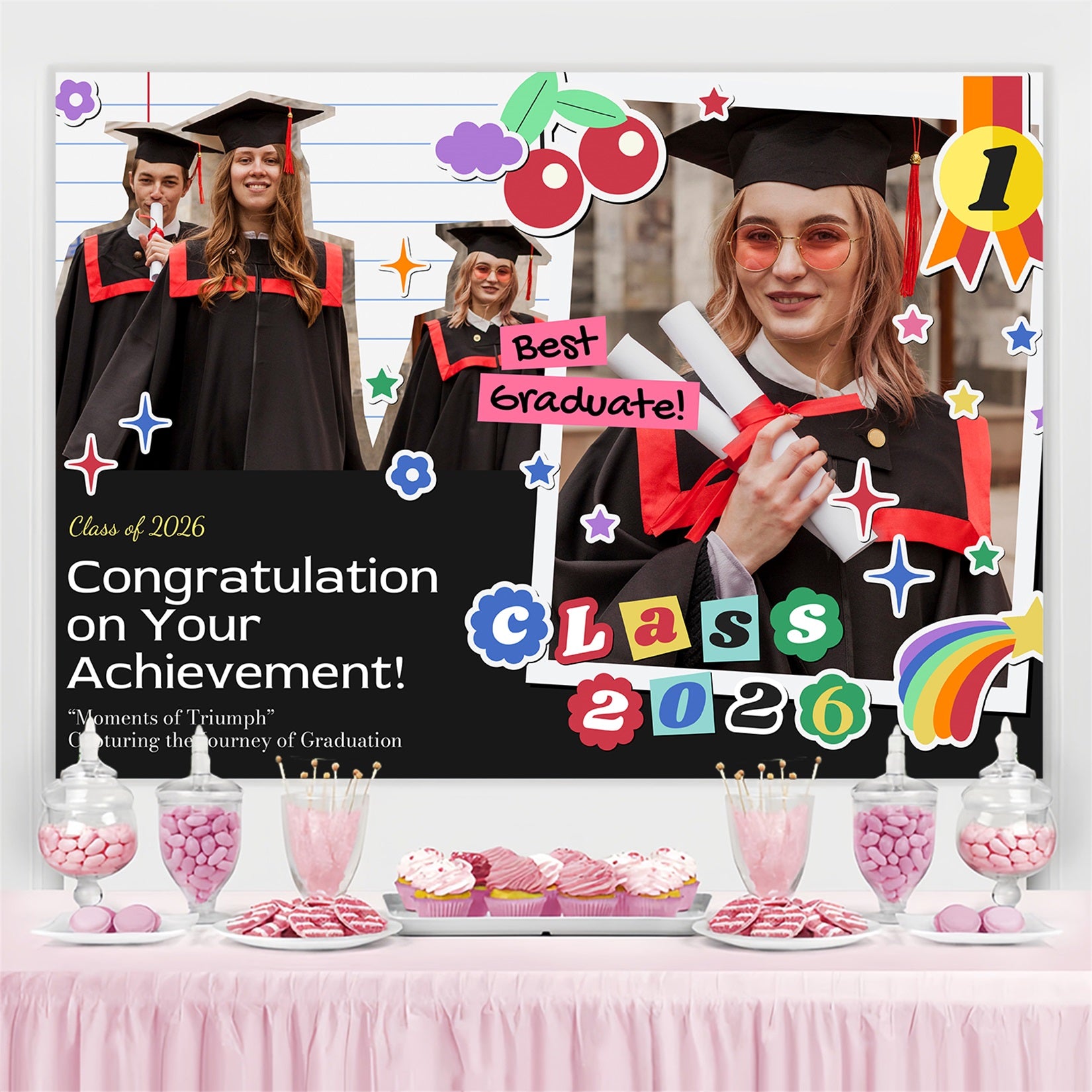 Custom Graduation Backdrops Cute Sticker Style Graduation Party Backdrop MRR4-15