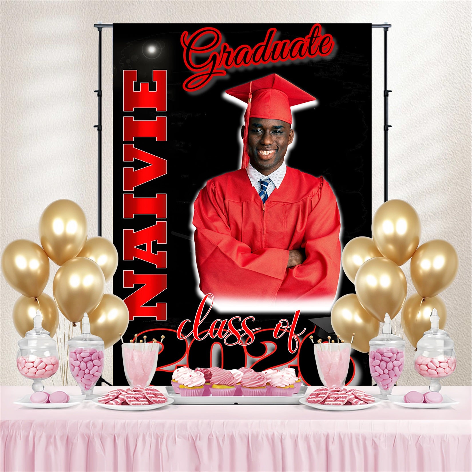 Personalized Graduation Backdrops Bold Red Black Graduation Party Backdrop MRR4-29