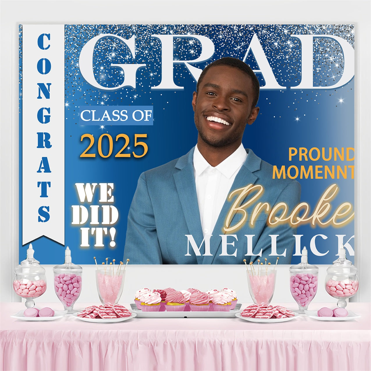 Graduation Photo Backdrop Shining Blue Silver Personalised Party Graduation Backdrop MRR4-35