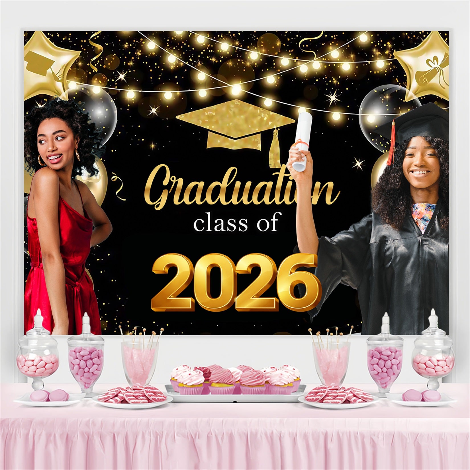 Graduation Picture Backdrop Golden Stars Lights Custom Party Graduation Backdrop MRR4-40