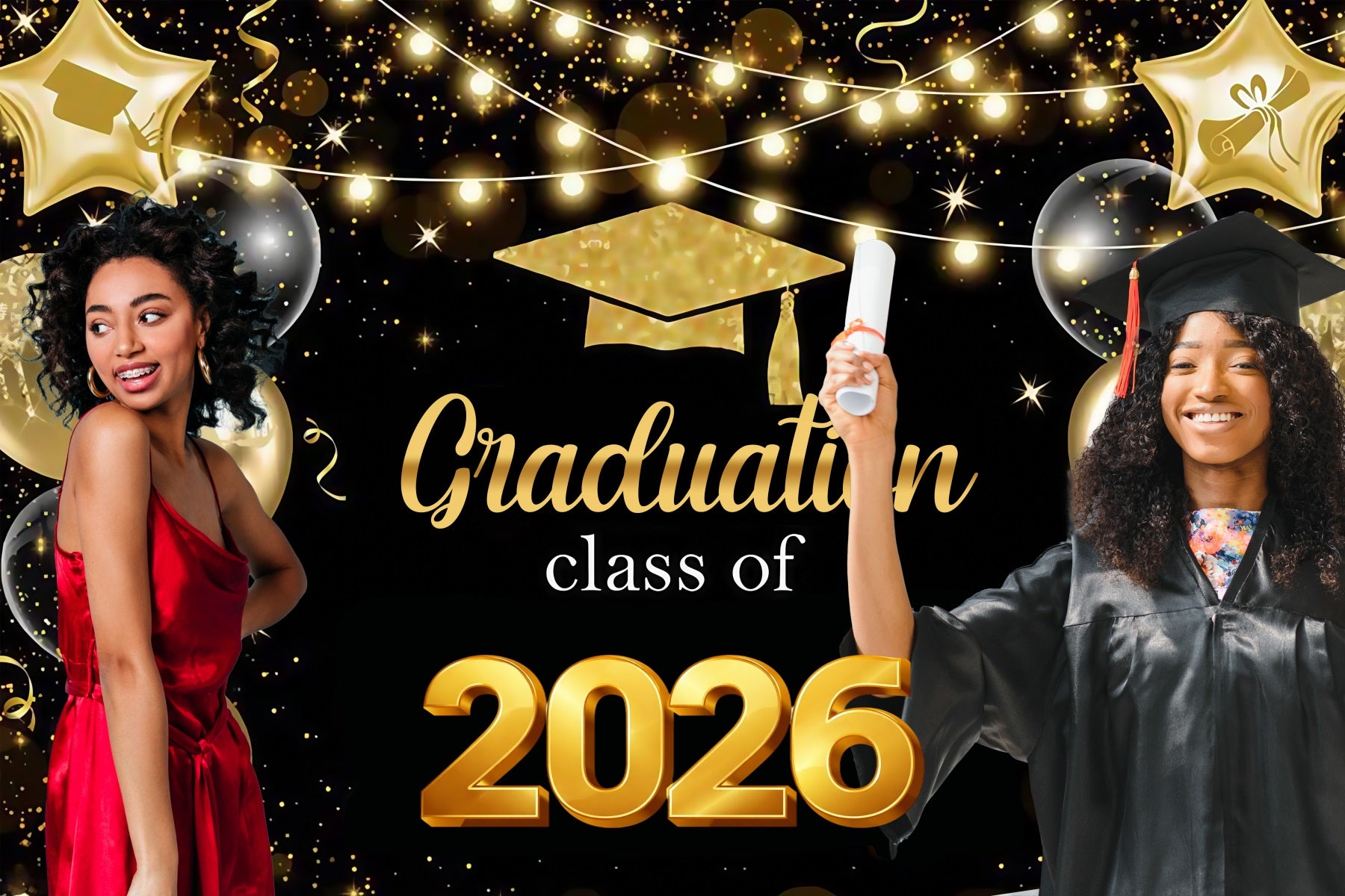 Graduation Picture Backdrop Golden Stars Lights Custom Party Graduation Backdrop MRR4-40
