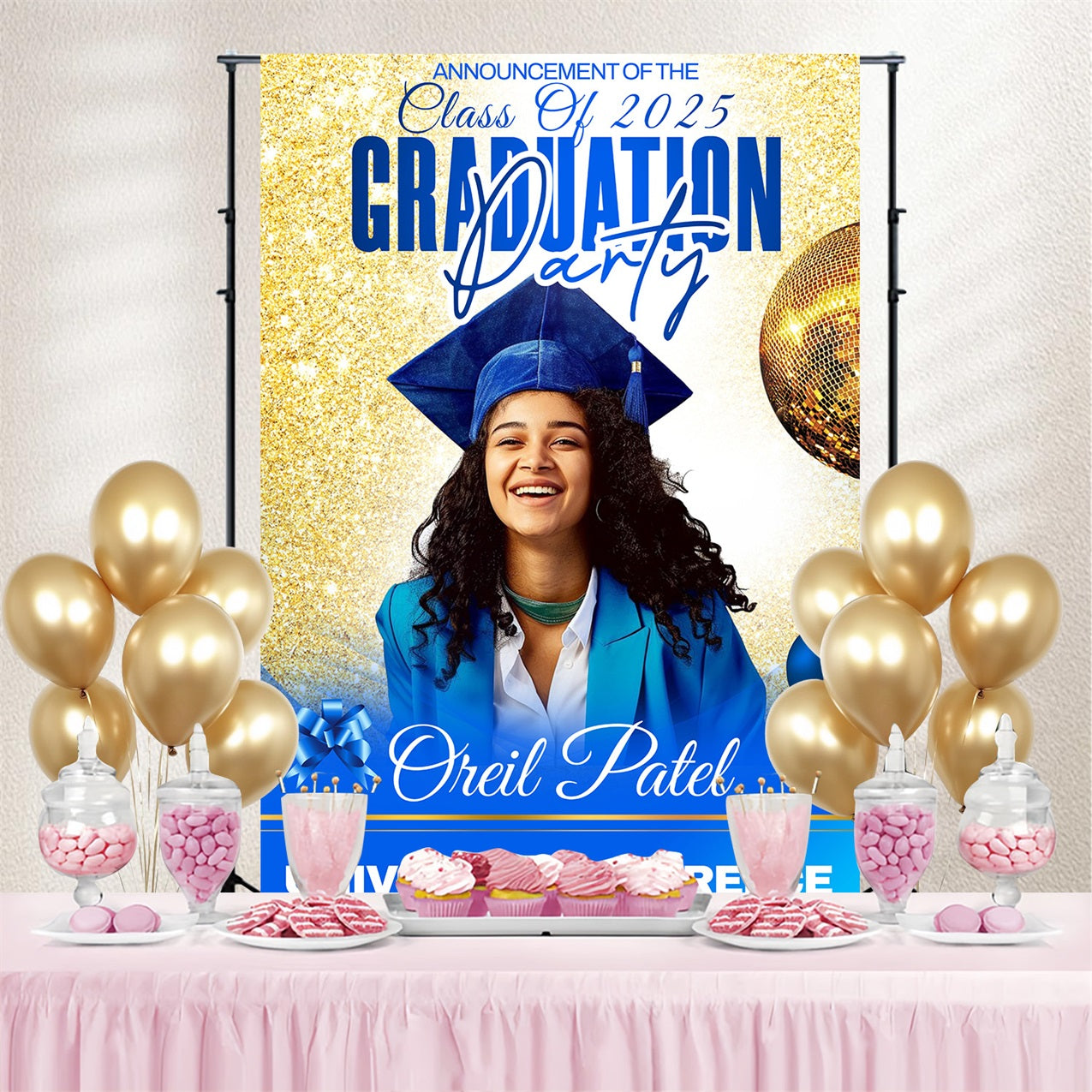 Graduated Backdrop Golden Sparkle Celebration Personalised Party Graduation Backdrop MRR4-47