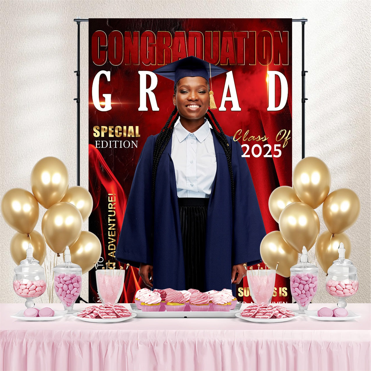 Graduation Photo Backdrop Fire Red 2025 Personalized Party Graduation Backdrop MRR4-54