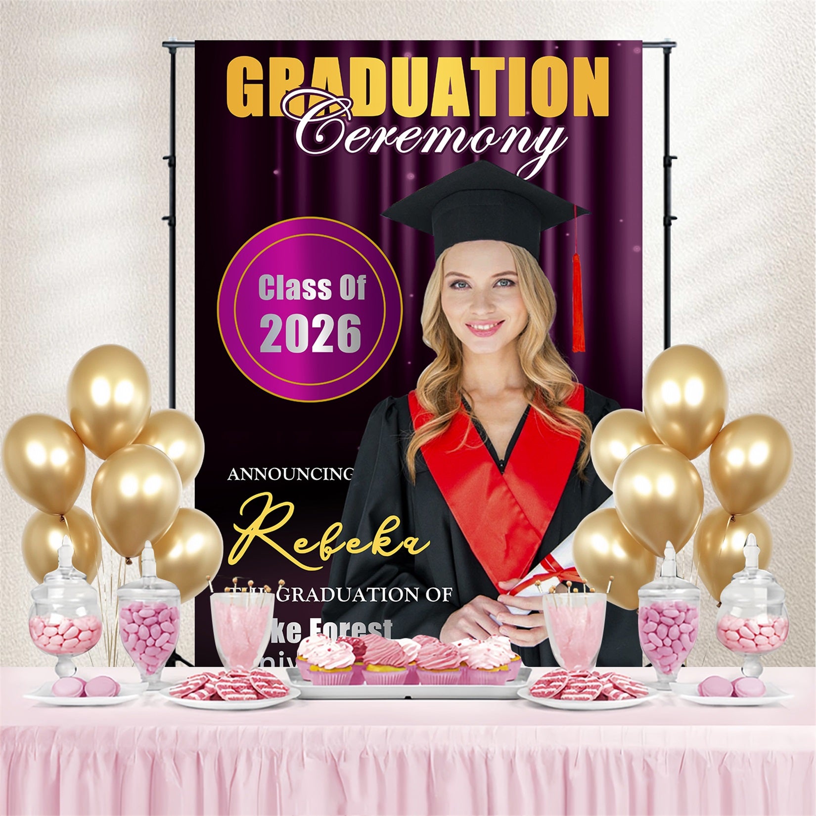 Graduation Backdrop Photoshoot Purple Lights Stage Customized Party Graduation Backdrop MRR4-55