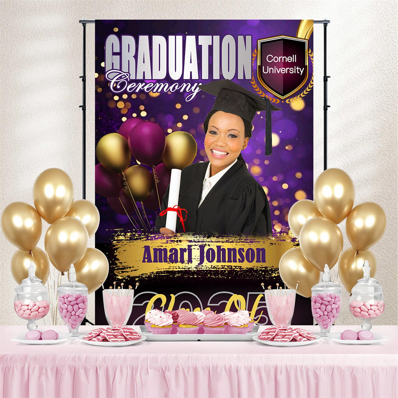 Graduation Backdrops Glamorous Purple Balloons Personalised Party Graduation Backdrop MRR4-56