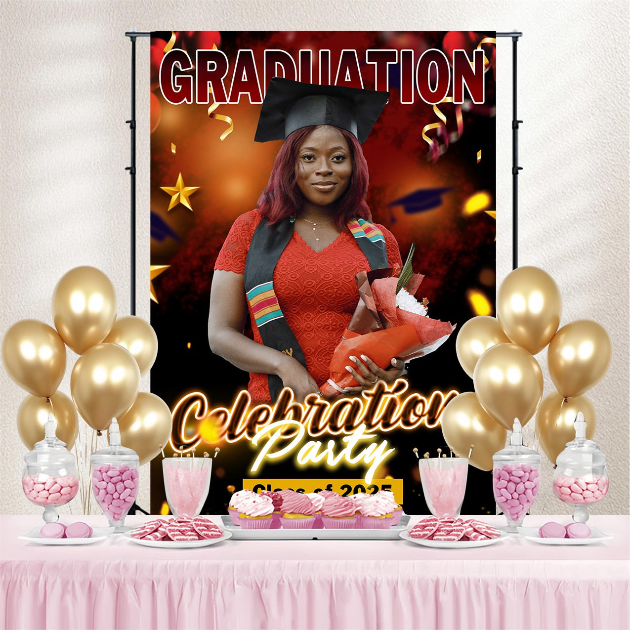 2025 Graduation Backdrop Bold Red Balloon Personalised Party Graduation Backdrop MRR4-60