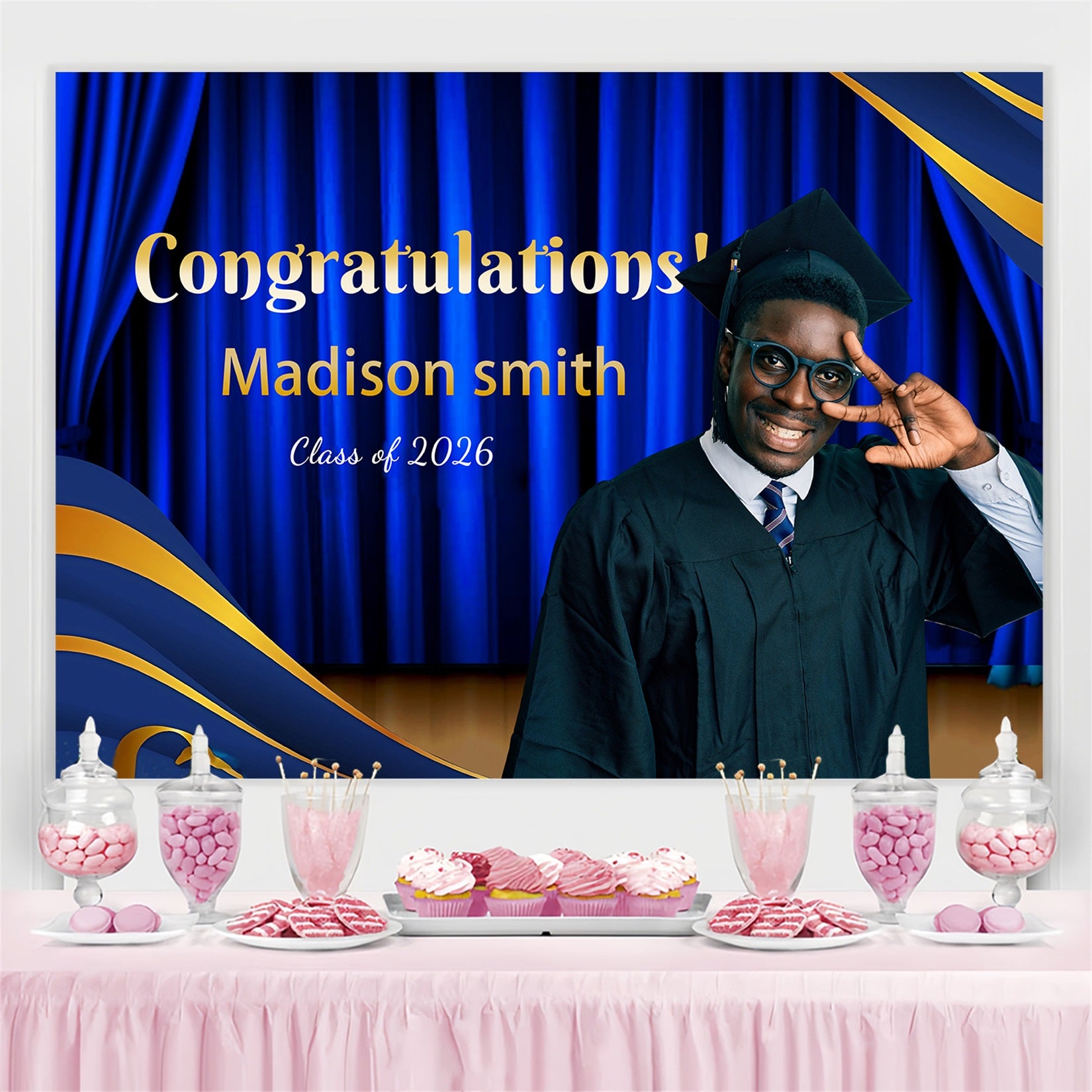 Custom Graduation Backdrops Blue Curtain Stage Graduation Party Backdrop MRR4-9