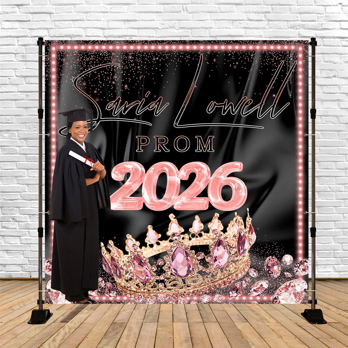Prom Photo Backdrop Pink Crown Personalized Graduation Party Backdrop