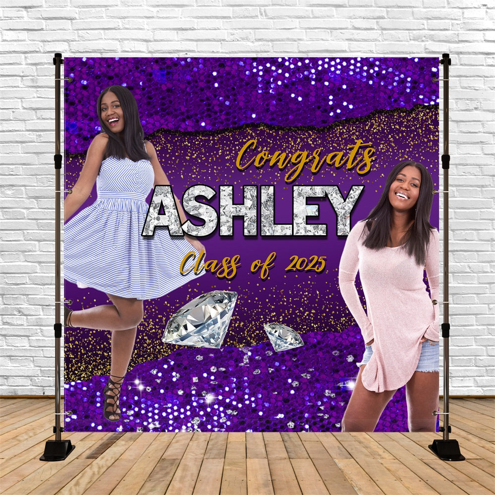 Graduated Backdrop Purple Glitter Diamond Custom Graduation Party Back