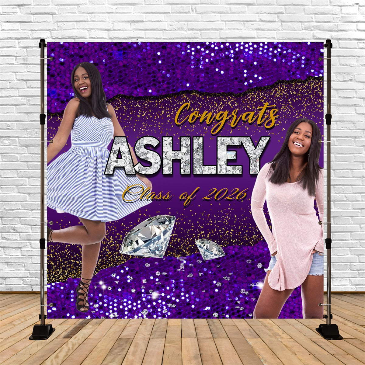 Graduated Backdrop Purple Glitter Diamond Custom Graduation Party Back