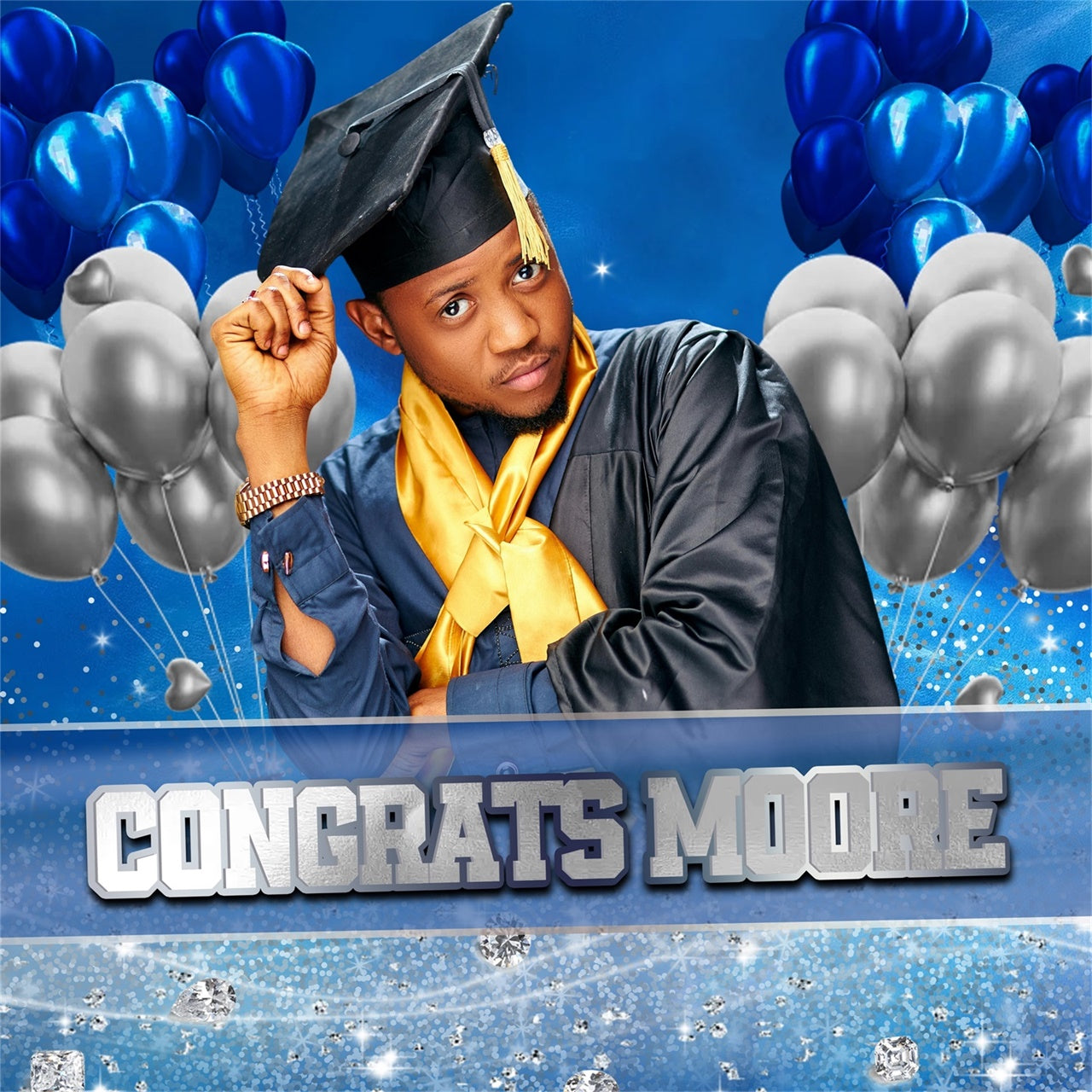 Custom Graduation Backdrop Navy Shine Balloon Graduation Party Backdrop MRR5-17