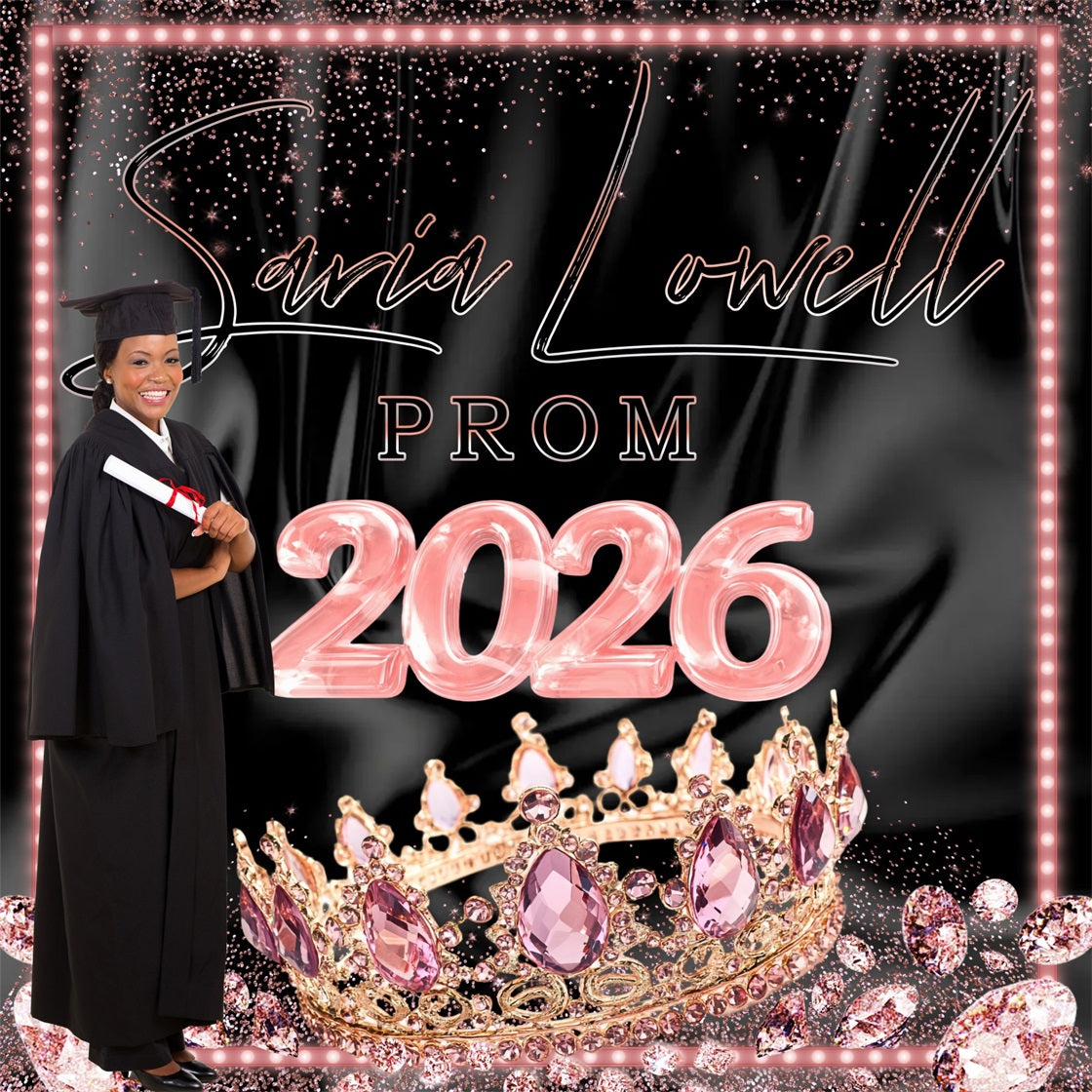 Prom Photo Backdrop Pink Crown Personalized Graduation Party Backdrop MRR5-1