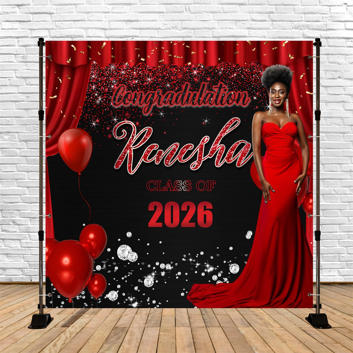 Customized Graduation Backdrop Red Curtain Glam Graduation Party Backdrop MRR5-21