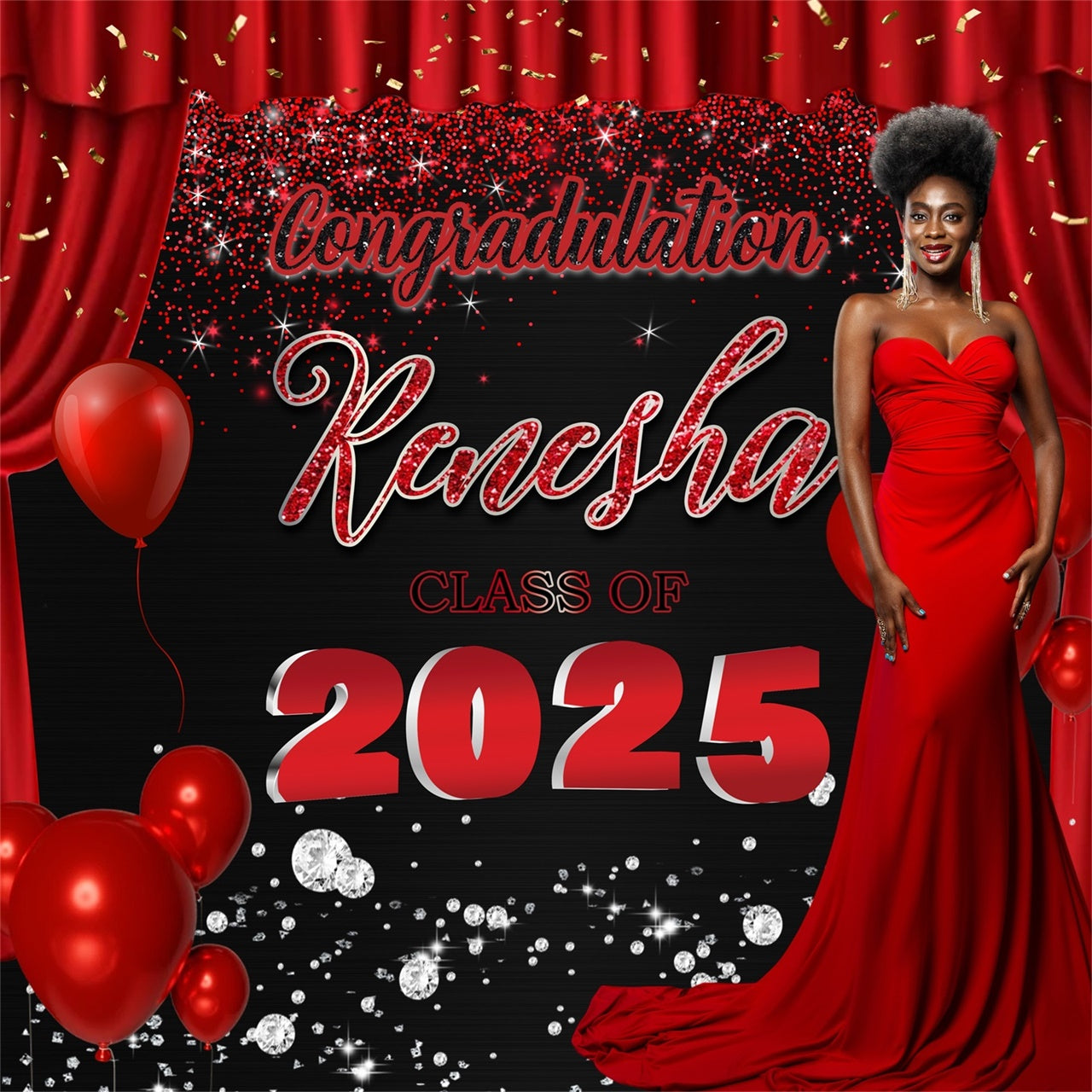 Customized Graduation Backdrop Red Curtain Glam Graduation Party Backdrop MRR5-21
