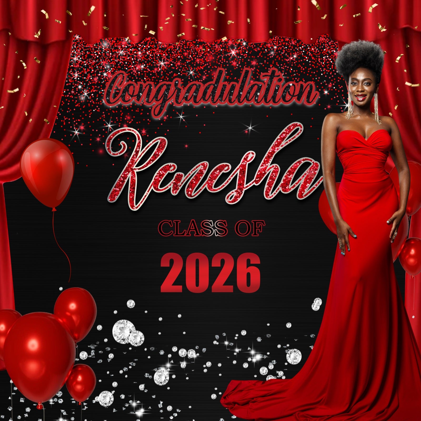 Customized Graduation Backdrop Red Curtain Glam Graduation Party Backdrop MRR5-21