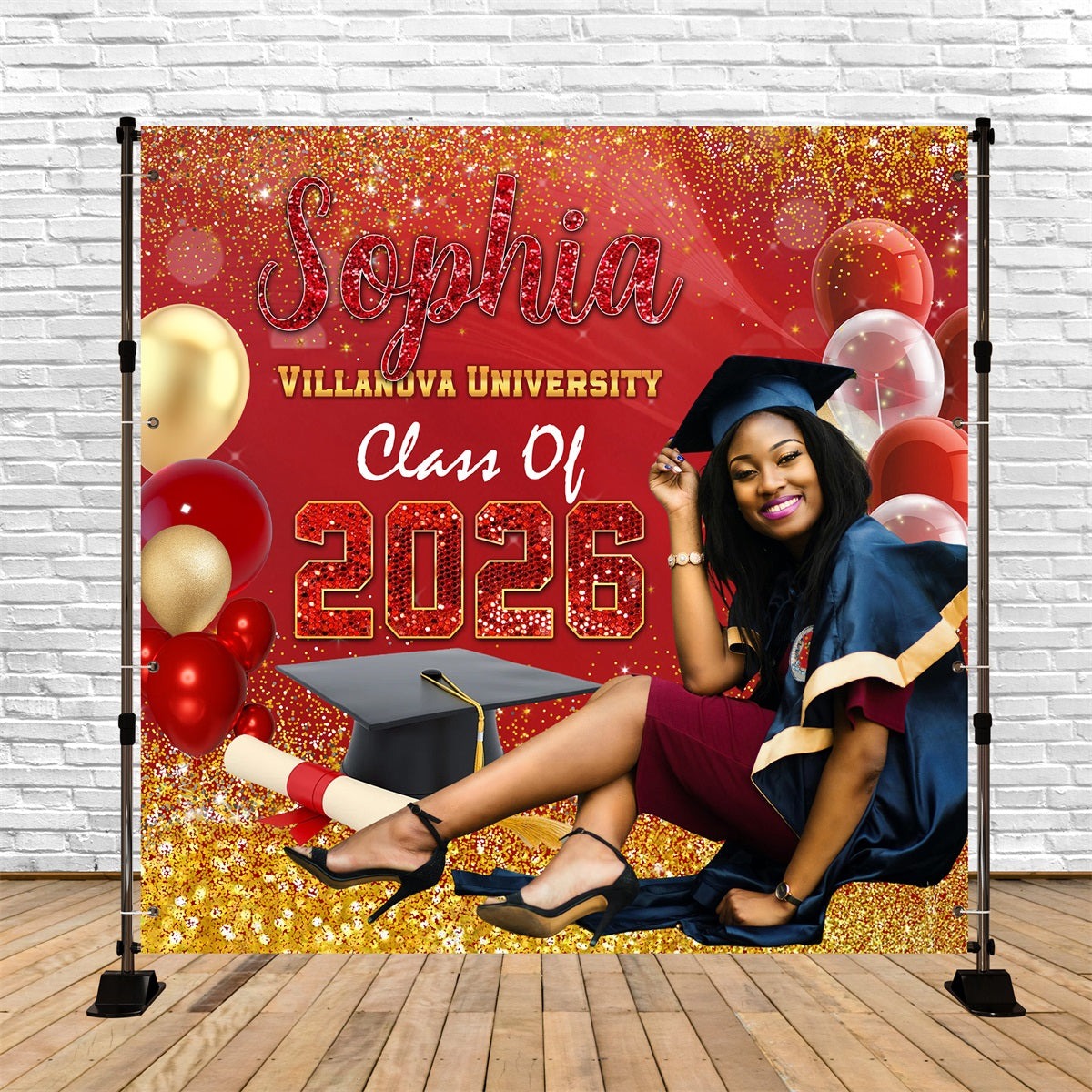 2026 Graduation Backdrop Sparkling Balloon Red Custom Graduation Party Backdrop MRR5-23