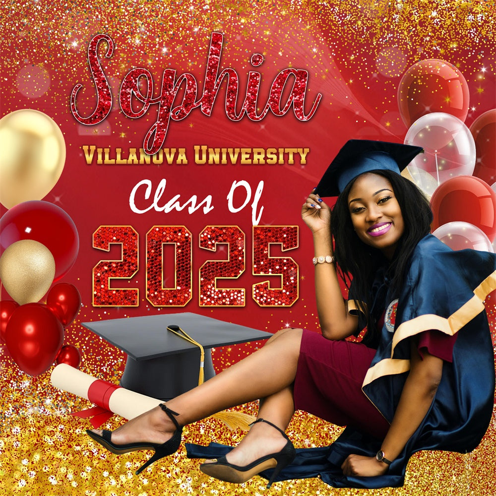 2025 Graduation Backdrop Sparkling Balloon Red Custom Graduation Party Backdrop MRR5-23