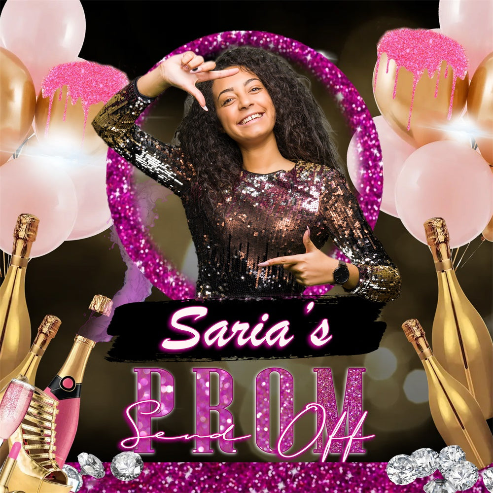 Prom Backdrops Pink Glitter Champagne Personalized Graduation Party Backdrop MRR5-49