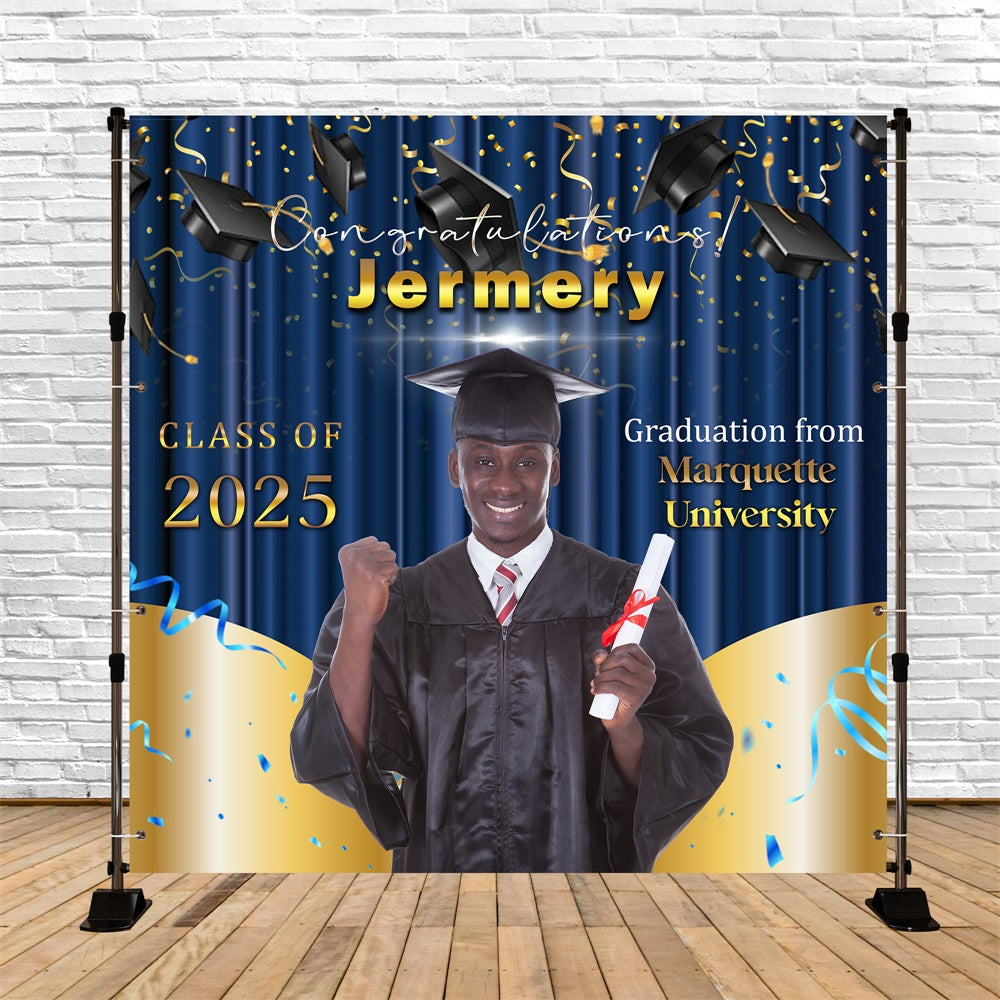 Custom Graduation Backdrop Golden Blue Cheers Party Graduation Backdro