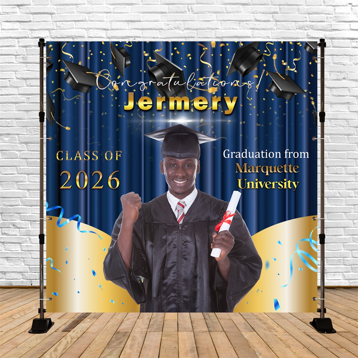 Custom Graduation Backdrop Golden Blue Cheers Party Graduation Backdrop MRR6-26