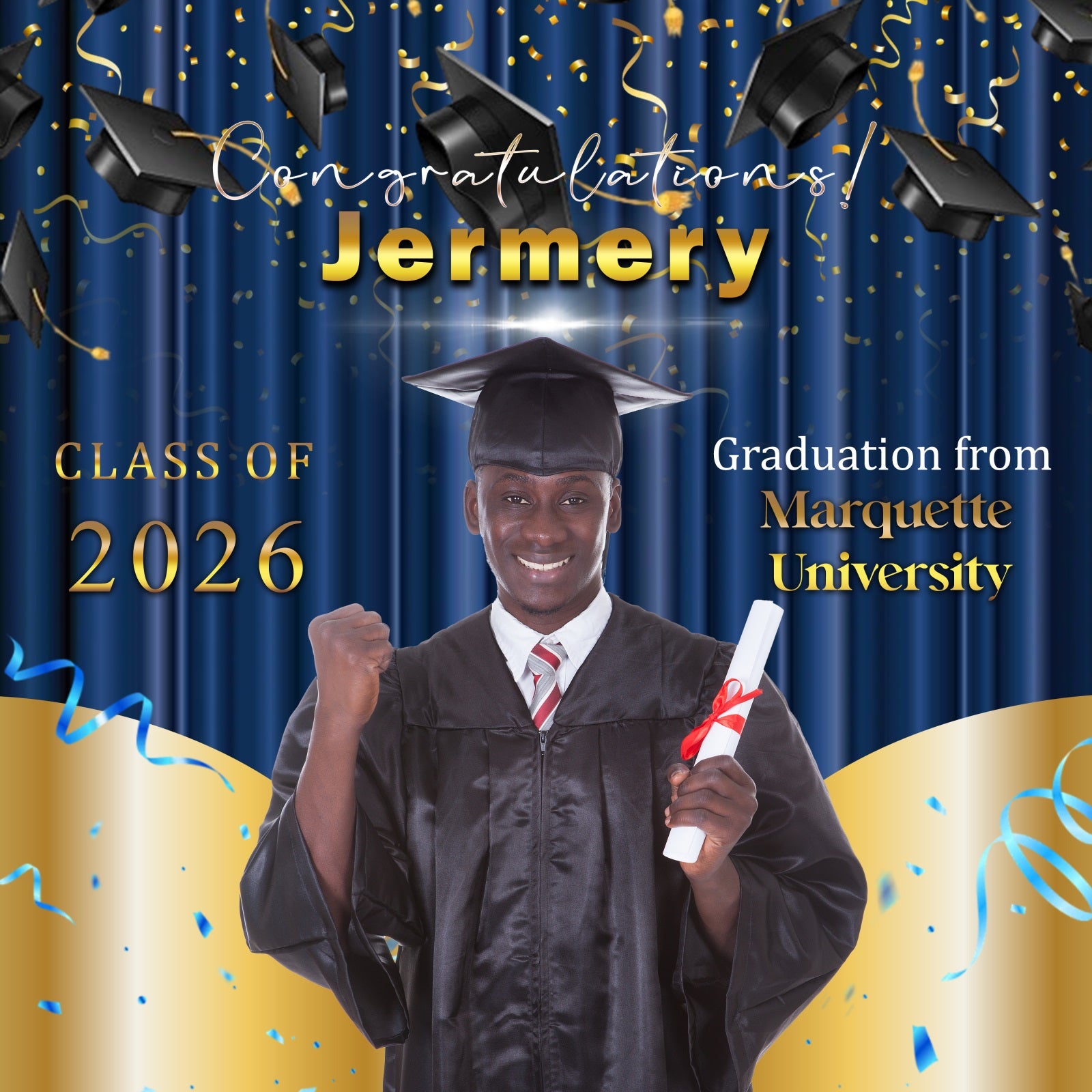 Custom Graduation Backdrop Golden Blue Cheers Party Graduation Backdrop MRR6-26