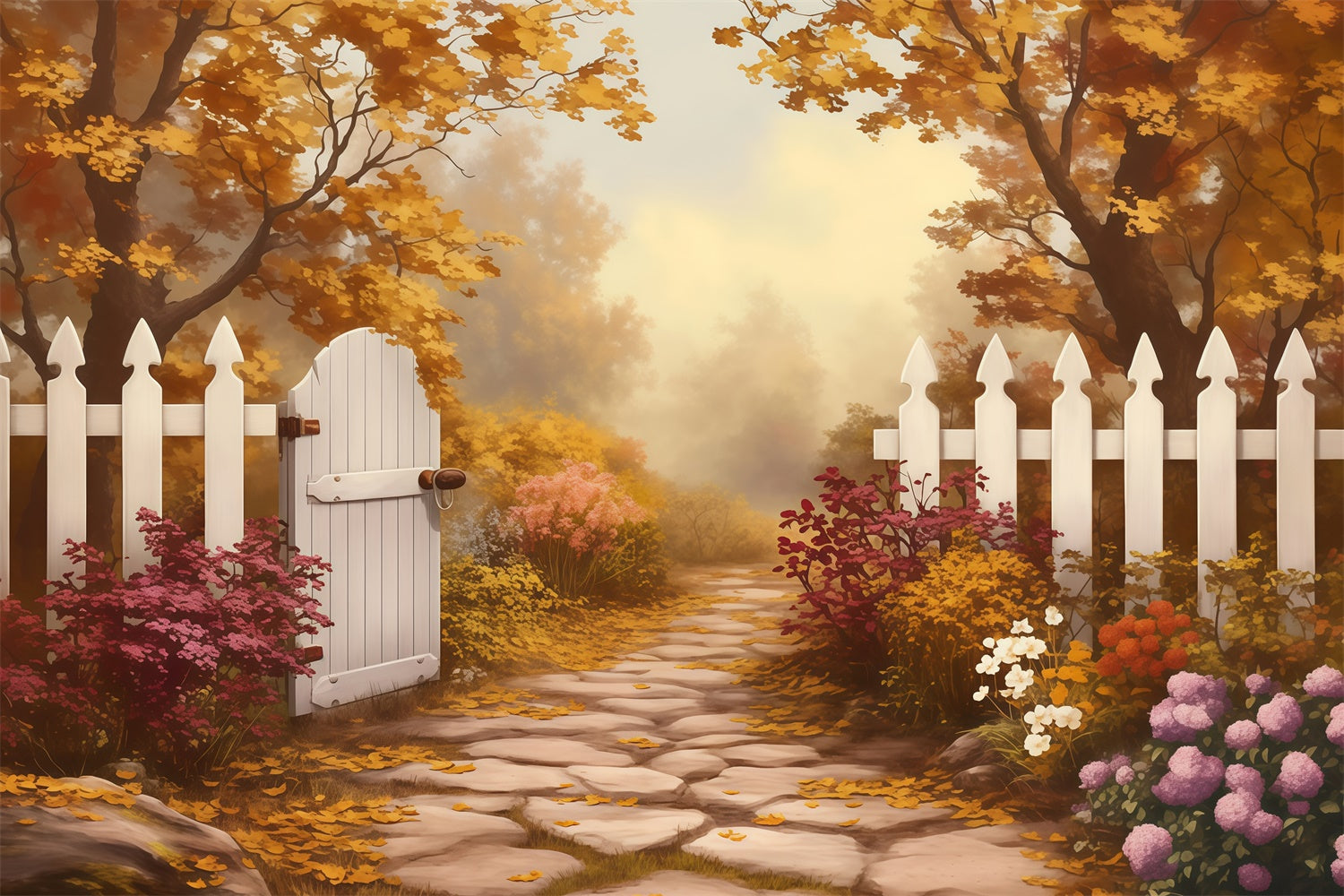 Fall Forest Backdrop White Fence Golden Trail Backdrop MRR7-124