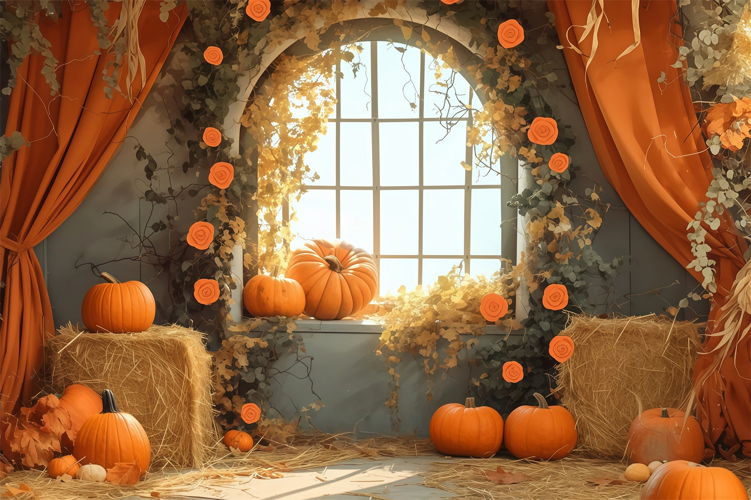 Autumn Backdrops Harvest Window Hay Scene Backdrop MRR7-125