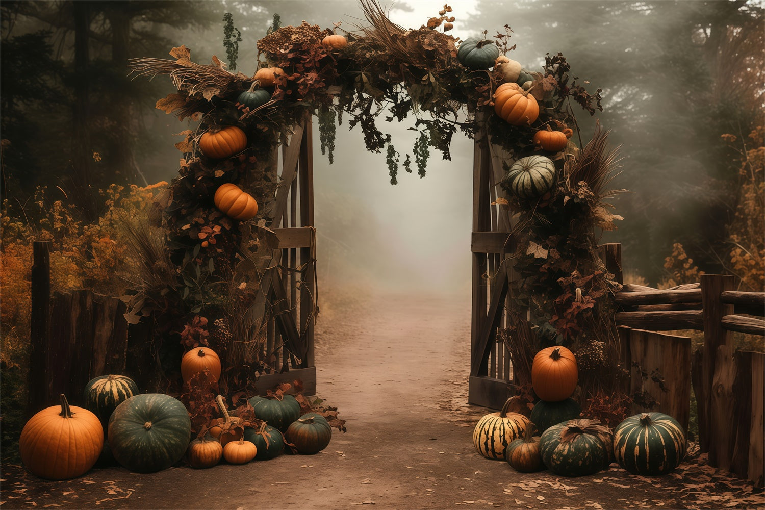 Fall Photo Backdrop Misty Pumpkin Arch Path Backdrop MRR7-128