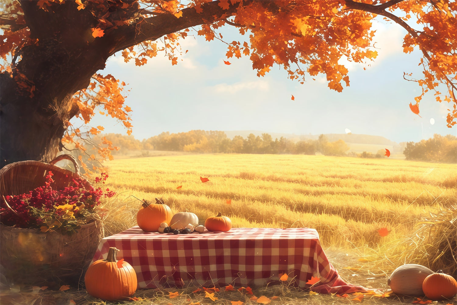 Fall Backdrop Golden Field Pumpkin Picnic Backdrop MRR7-129