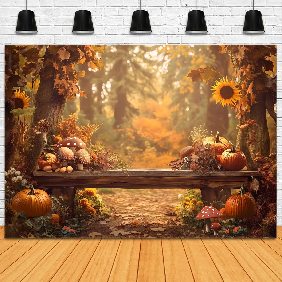 Fall Forest Backdrop Mushroom Pumpkin Bench Backdrop MRR7-130