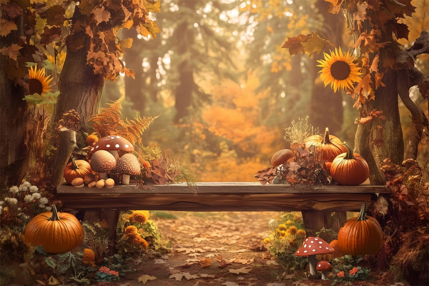 Fall Forest Backdrop Mushroom Pumpkin Bench Backdrop MRR7-130