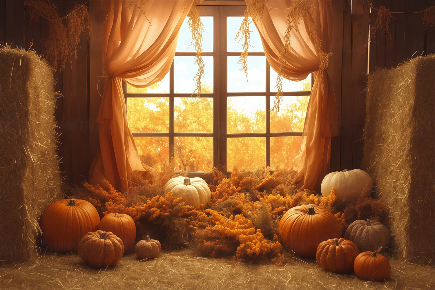 Autumn Photo Backdrop Rustic Haystack Drapes Backdrop MRR7-131