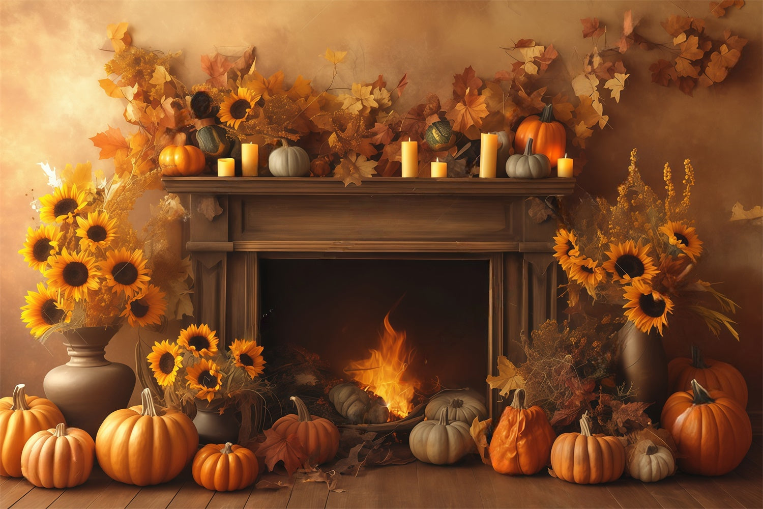 Autumn Photo Backdrop Cozy Fireplace Harvest Backdrop MRR7-133