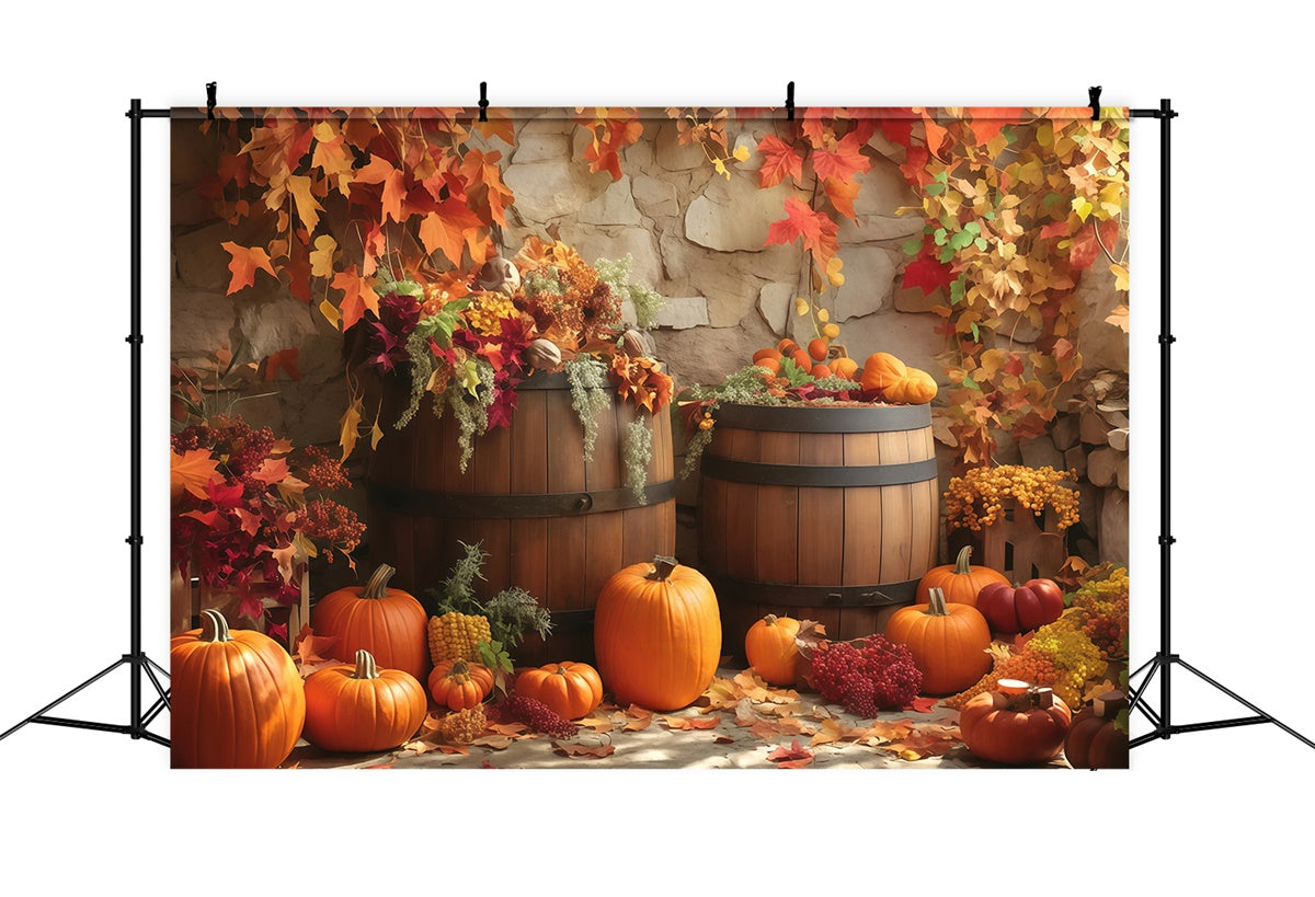 Autumn Backdrop Wooden Barrel Fall Display Backdrop MRR7-135
