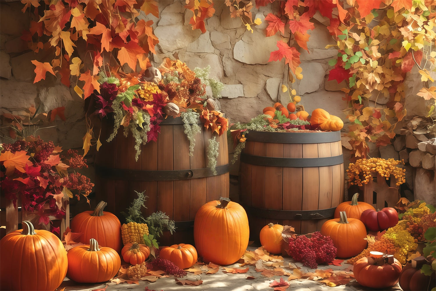 Autumn Backdrop Wooden Barrel Fall Display Backdrop MRR7-135