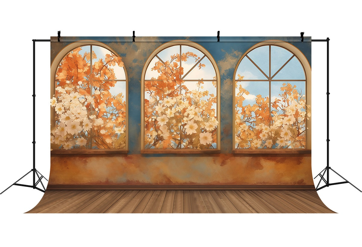 Fall Backdrop Autumn Bloom Arched Window Backdrop MRR7-136