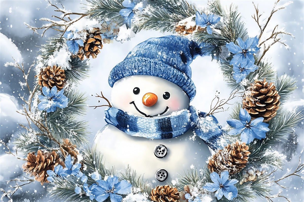 Winter Backdrop Photography Pine Snowman Wreath Backdrop MRR7-147