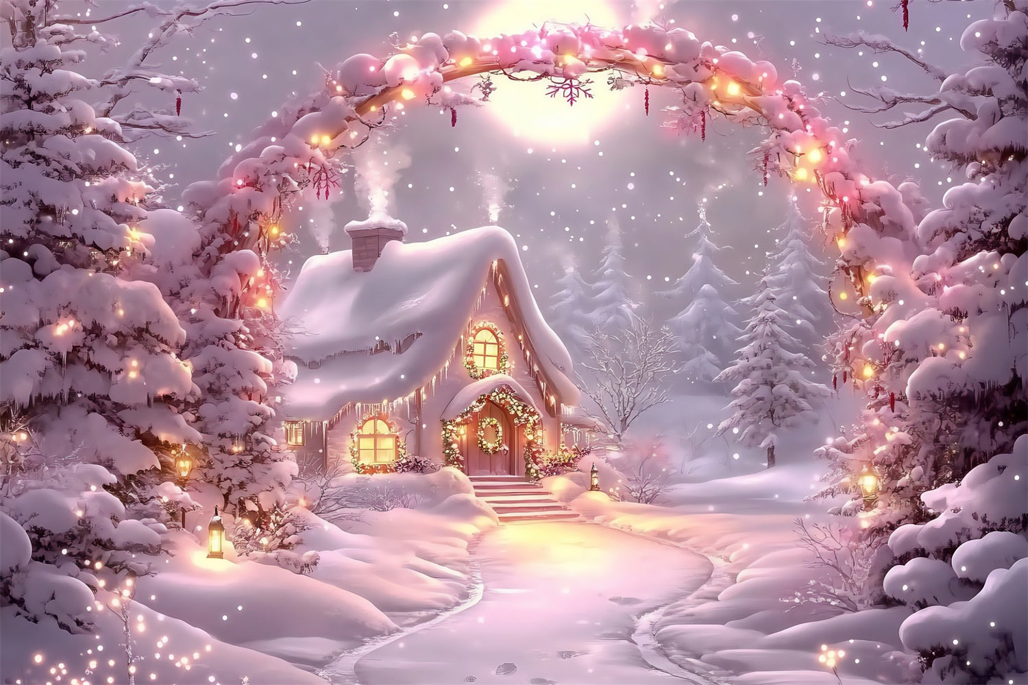 Winter Wonderland Backdrop Glow Cabin Lights Backdrop MRR7-149