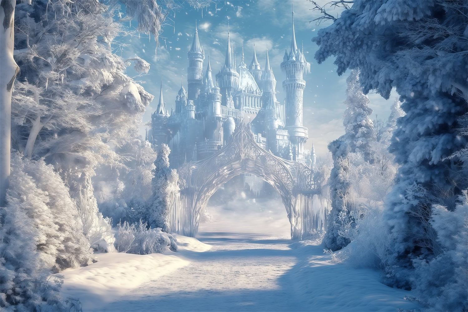 Winter Castle Backdrop Snowy Kingdom Trail Backdrop MRR7-156