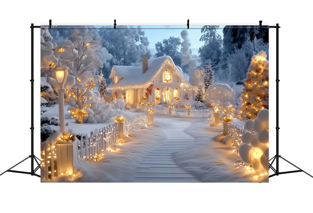 Winter Scene Backdrop Glowing Winter Cottage Backdrop MRR7-161