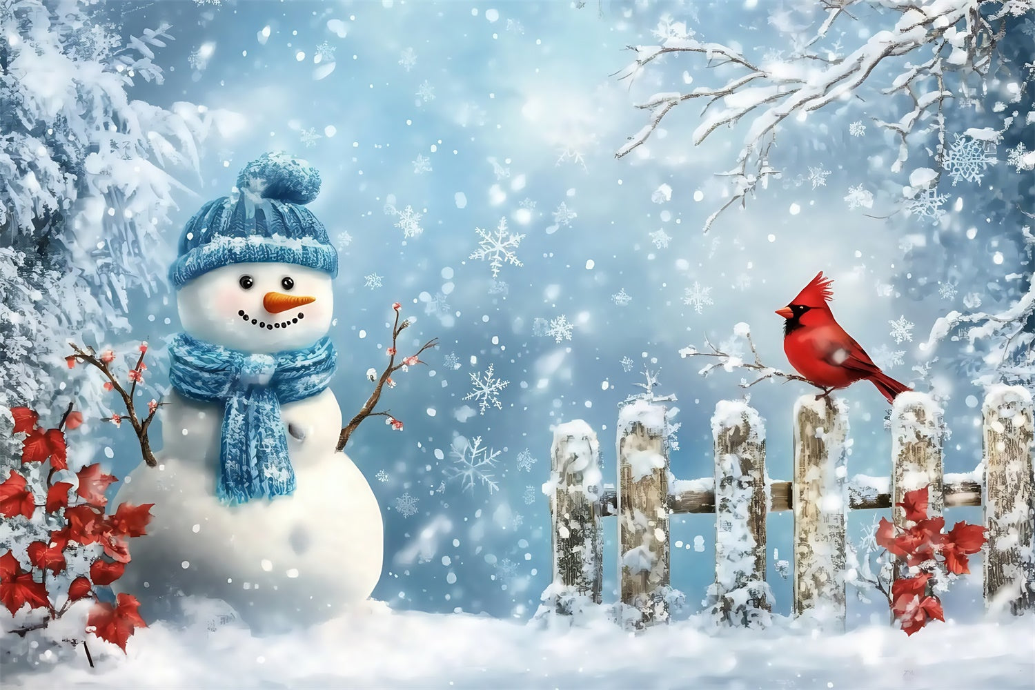 Snowy Backdrop Cardinal Snowman Cheerful Backdrop MRR7-170