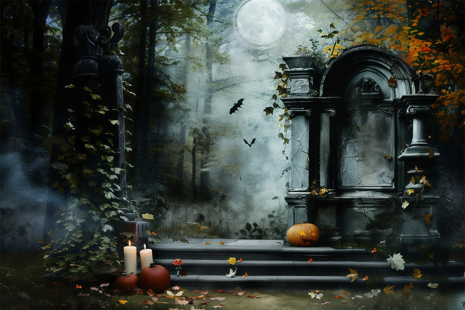 Halloween Graveyard Backdrop Gothic Tombstone Steps Backdrop MRR7-25